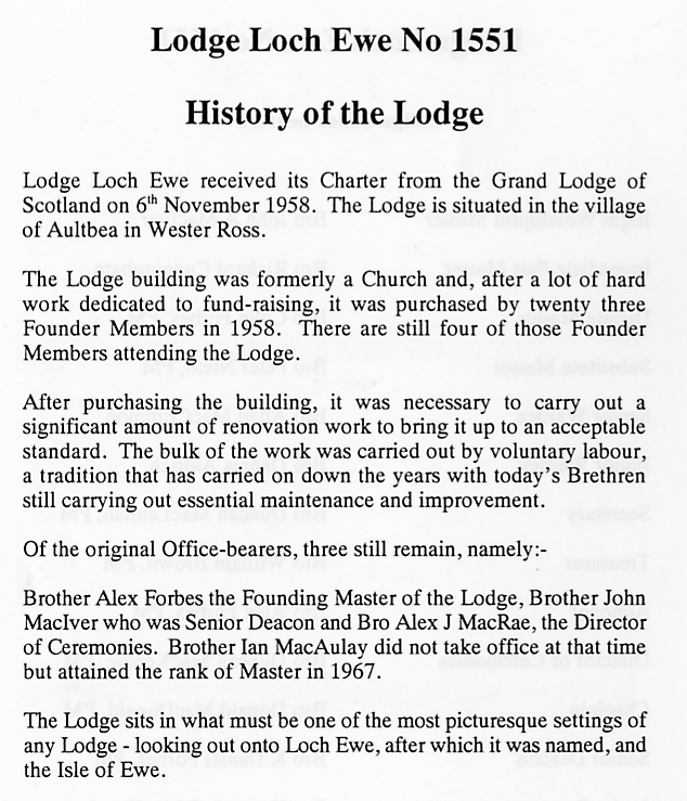 The History of Lodge Loch Ewe No 1551