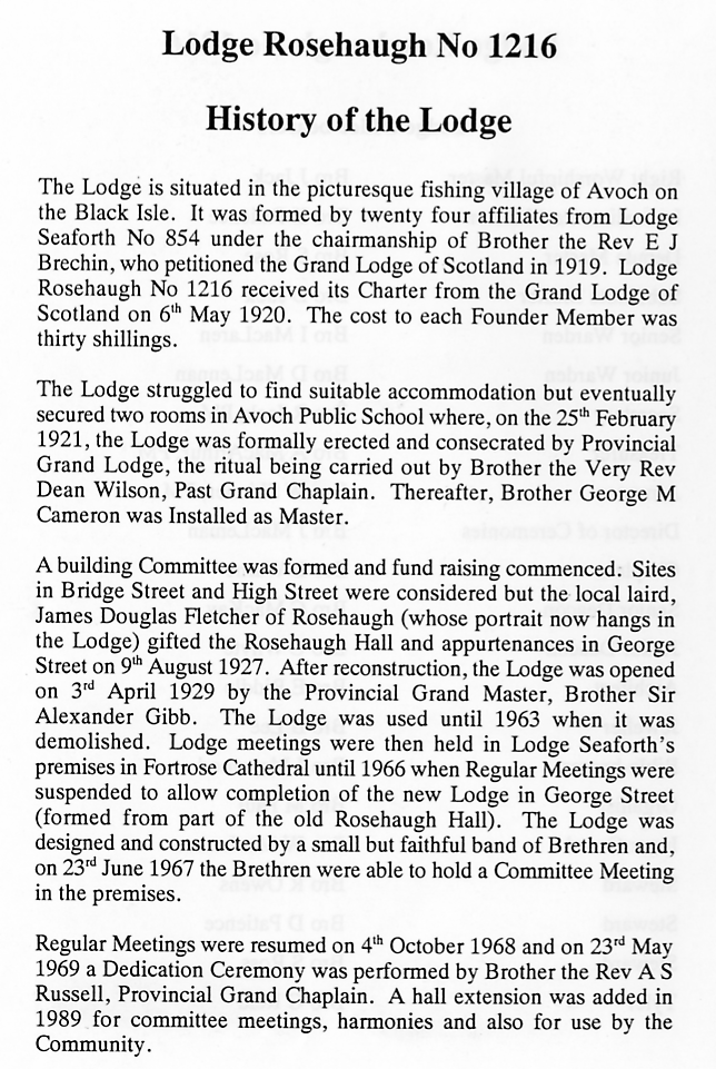 The History of Lodge Rosehaugh No 1216